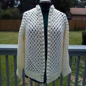 Handed Crafted Granny Hexagon Cardigan, Size large, Color Cream.